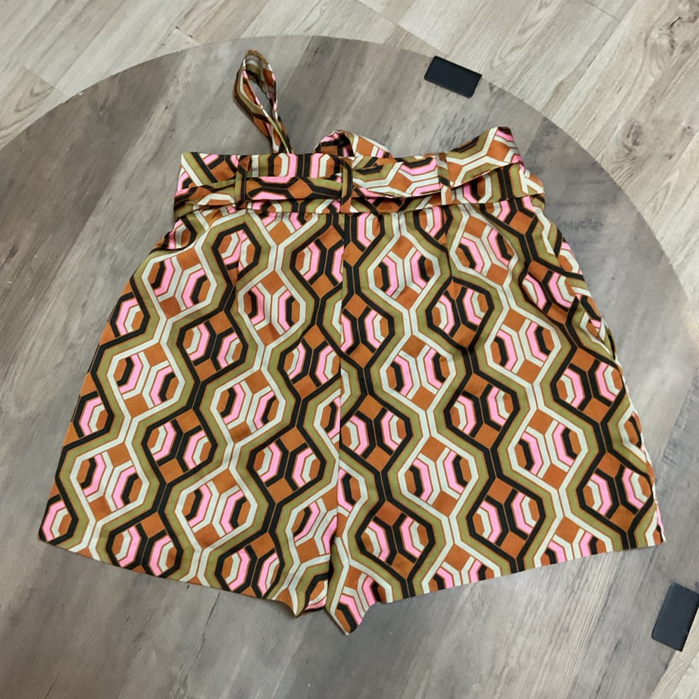 Marciano Geometric Print High-Rise Shorts in Pink, Olive & Tan